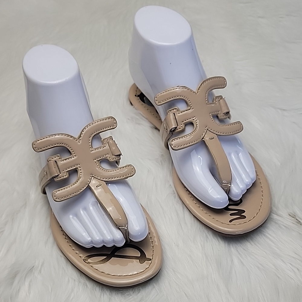 SAM EDELMAN Carter Nude Patent E Logo Thong Open‎ Toe Designer Flip Flop Sandals